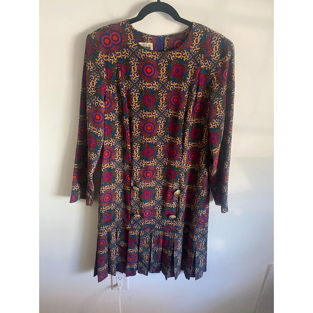 Leslie Fay‎ Vintage Drop Waist Dress Medallion Print Pleated Gold Button US 12